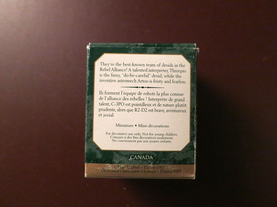 The 1997 Hallmark C-3P0 and R2D2 Ornament Box Back Cover