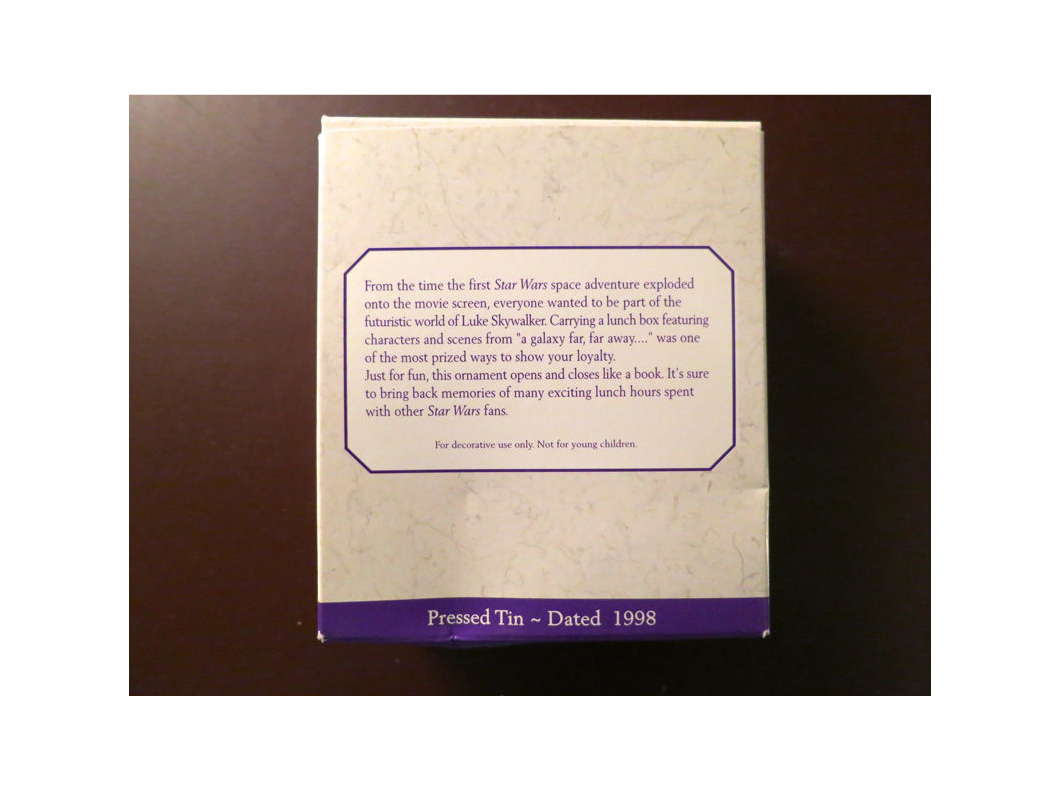 The 1997 Hallmark Star Wars Pressed Tin Lunch Box Ornament Box Back Cover